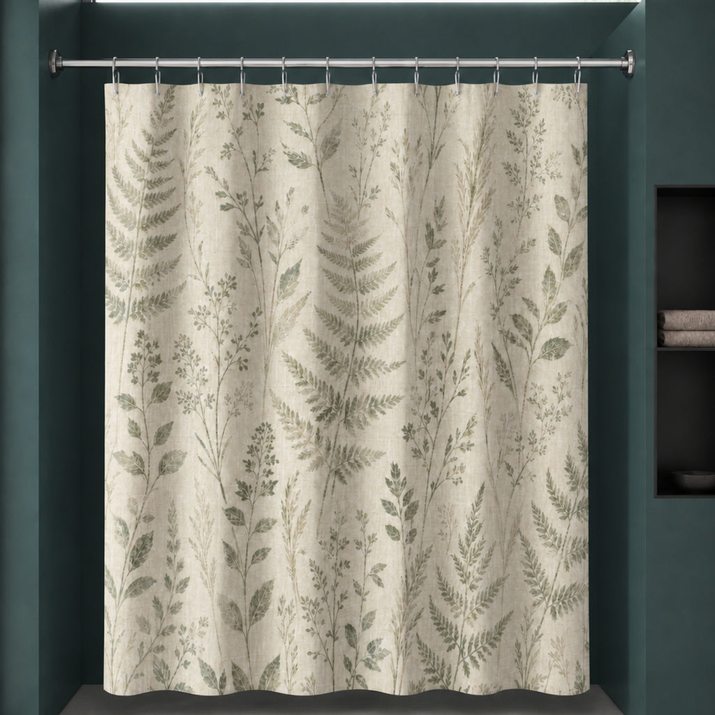 Neutral fern botanical shower curtain in a deep teal designer bathroom with persimmon glass and lilac stone