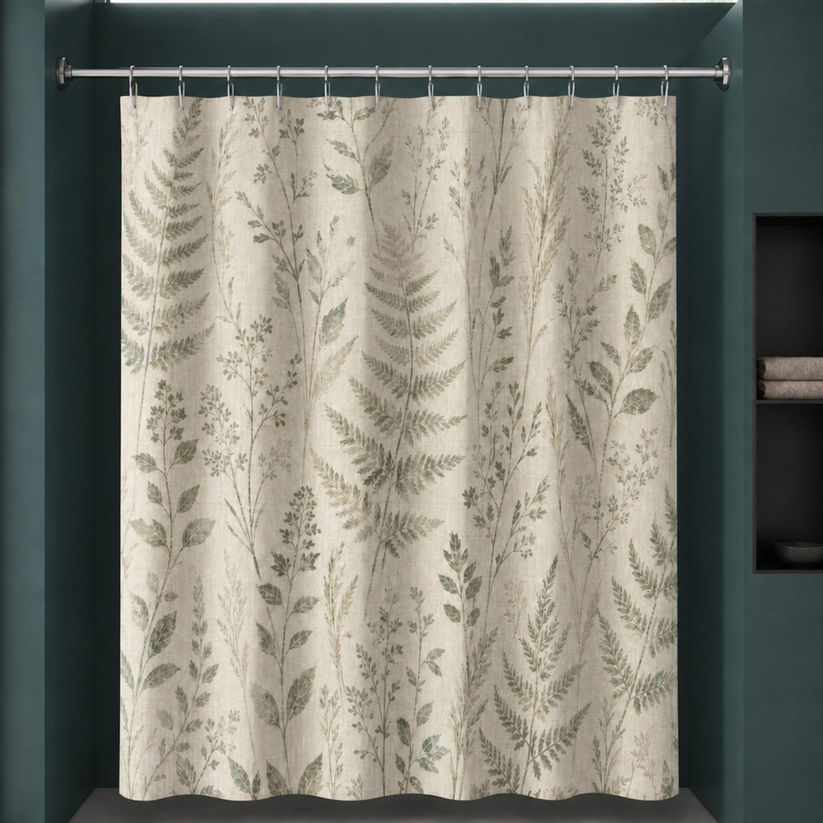 Neutral fern botanical shower curtain in a deep teal designer bathroom with persimmon glass and lilac stone