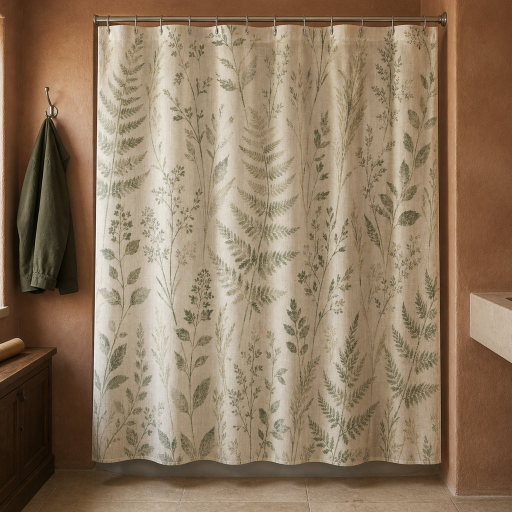 Neutral fern botanical shower curtain in a red clay landscape architect cottage bathroom