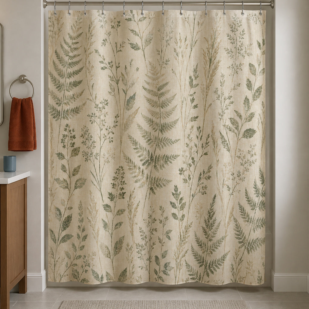 Neutral fern botanical shower curtain in a putty gray guest bathroom with walnut vanity and paprika towel