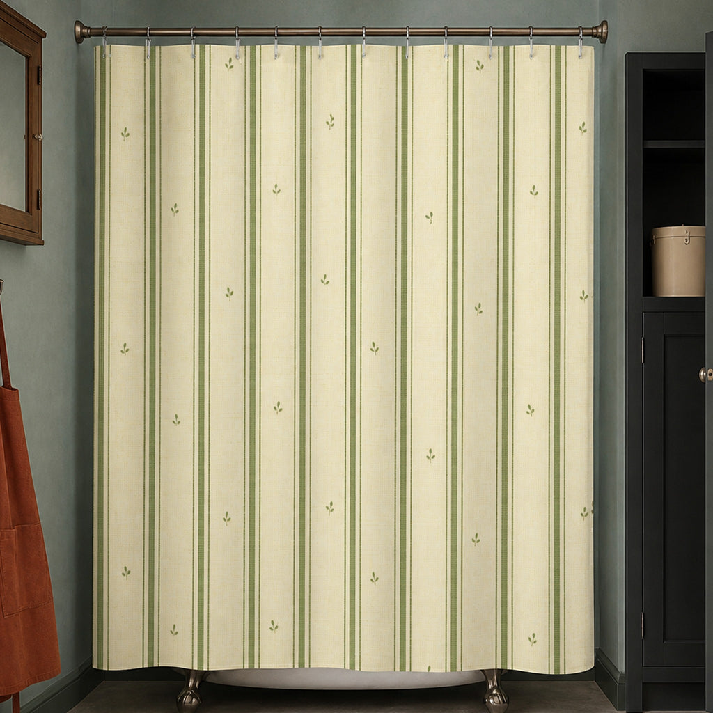 Sage green ticking stripe shower curtain in a teal country-innkeeper bathroom