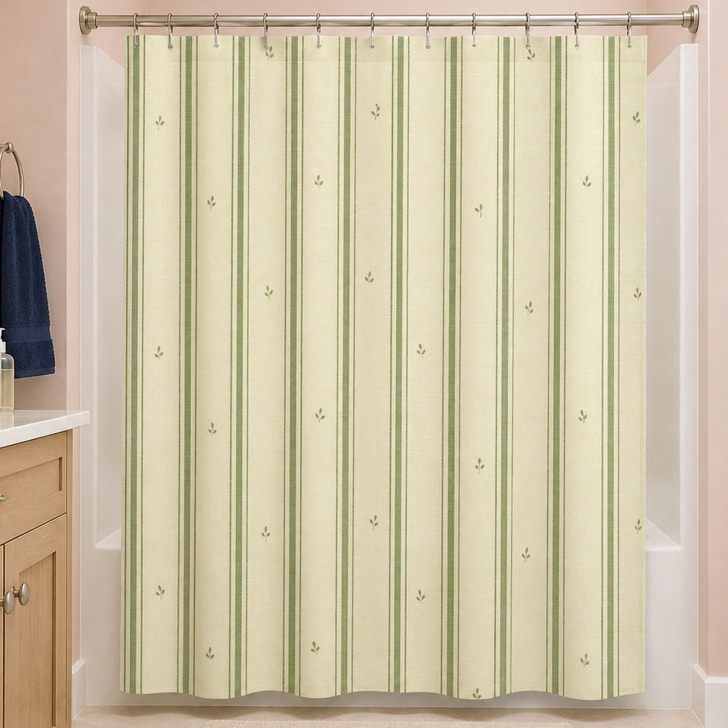 Sage green ticking stripe shower curtain in a pale-blush everyday bathroom