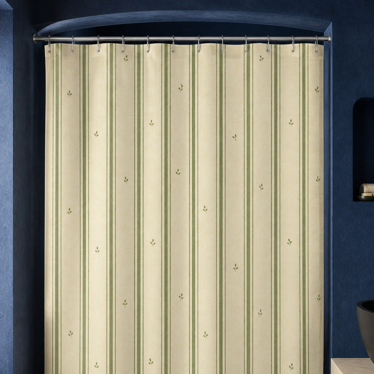 Sage green ticking stripe shower curtain in an ultramarine designer bathroom