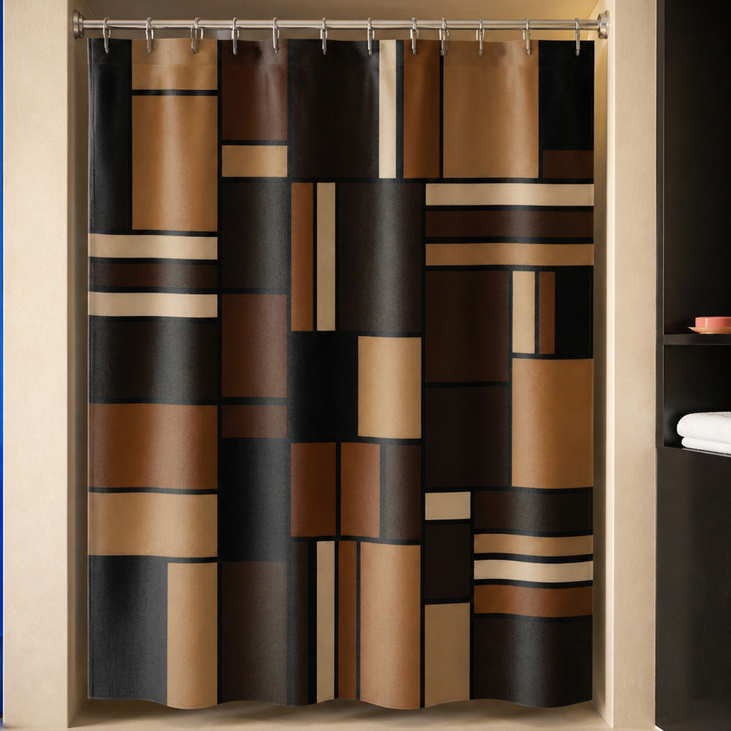 Black and brown geometric shower curtain in a designer apricot bathroom with cobalt glass and citron stone