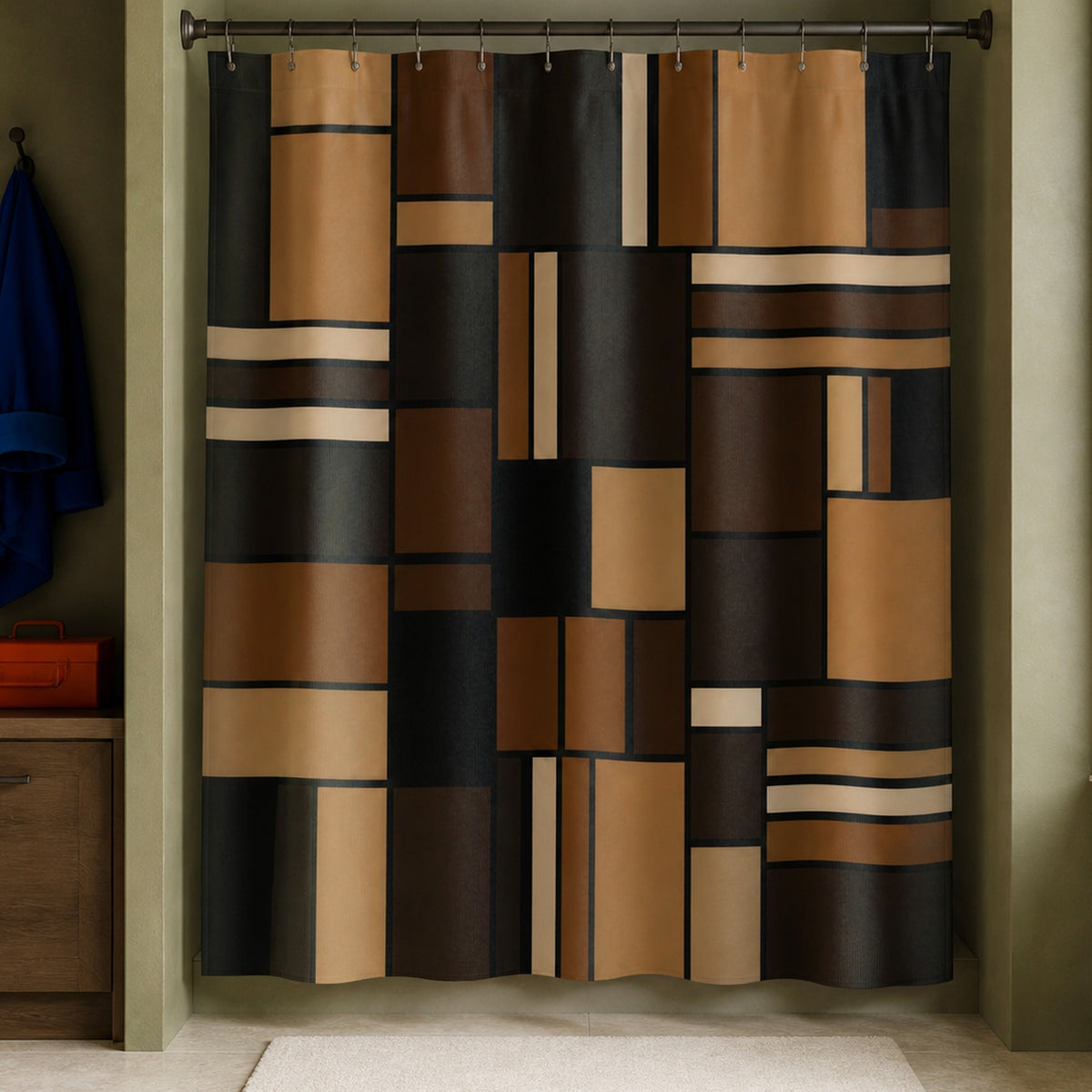 Black brown patchwork shower curtain in an olive washroom with cobalt work coat and vermilion tool case
