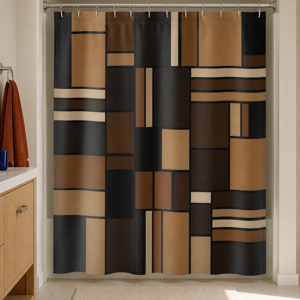 Black brown geometric patchwork shower curtain in a mushroom bathroom with light oak vanity and rust towel