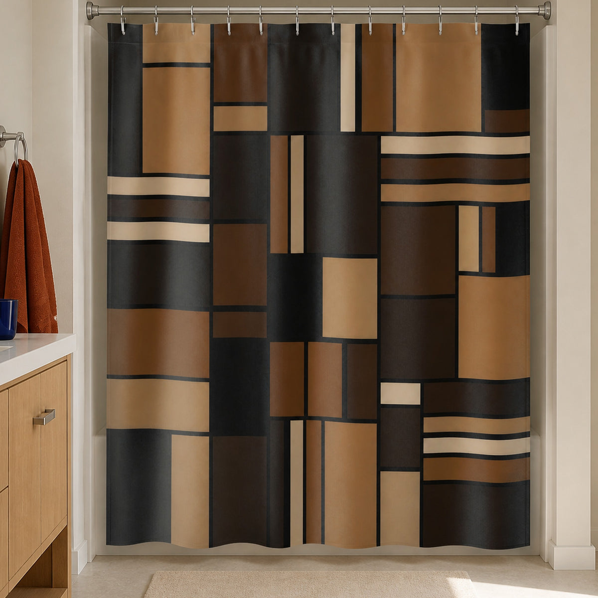 Black brown geometric patchwork shower curtain in a mushroom bathroom with light oak vanity and rust towel