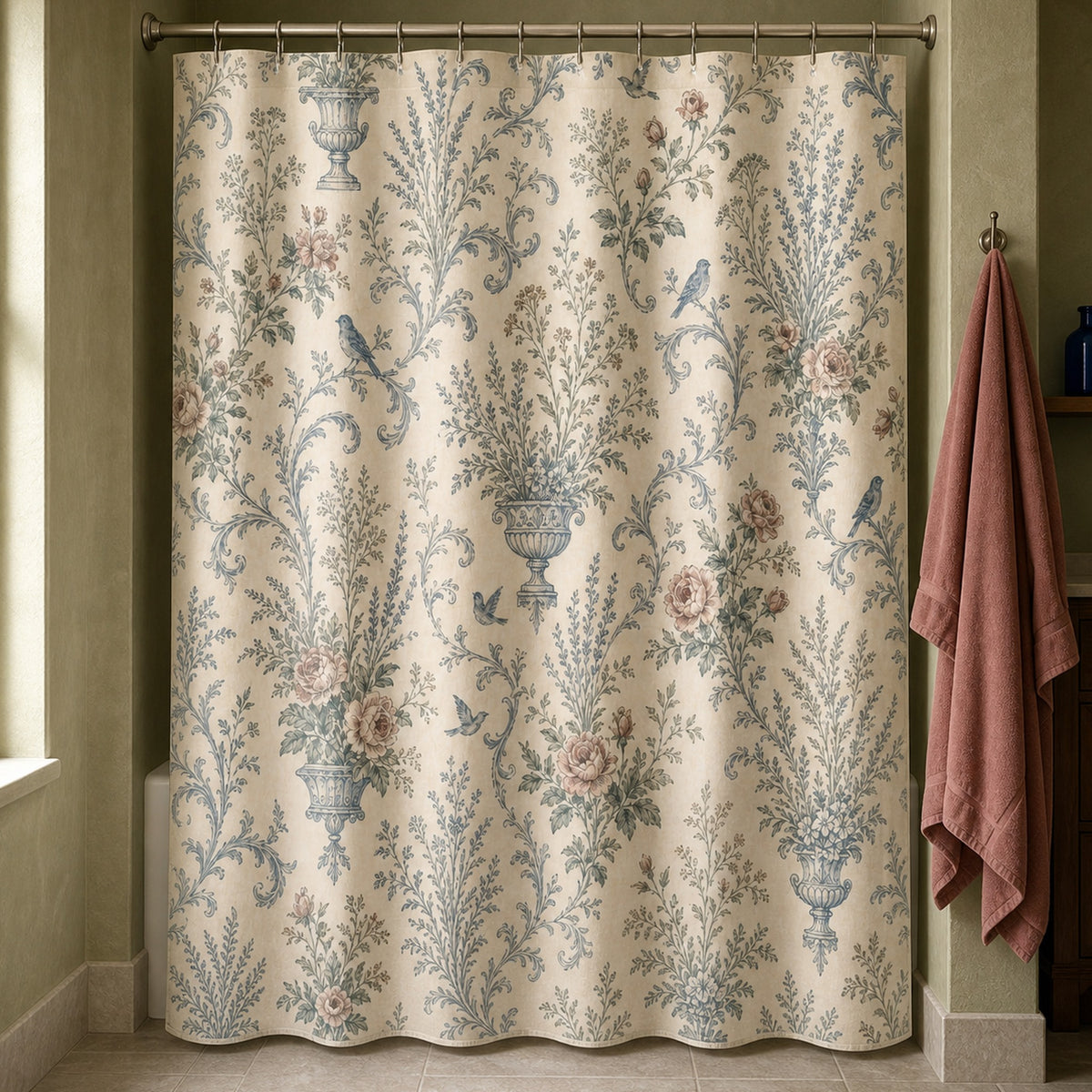 French country floral shower curtain in an olive country house bathroom