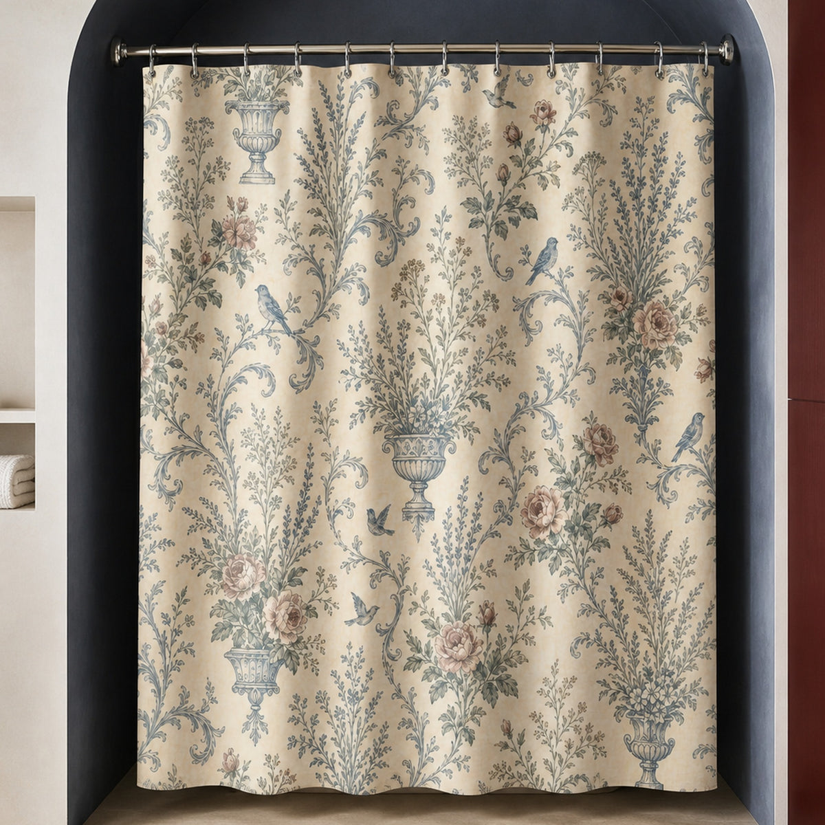 French country floral shower curtain in a mineral indigo designer bathroom