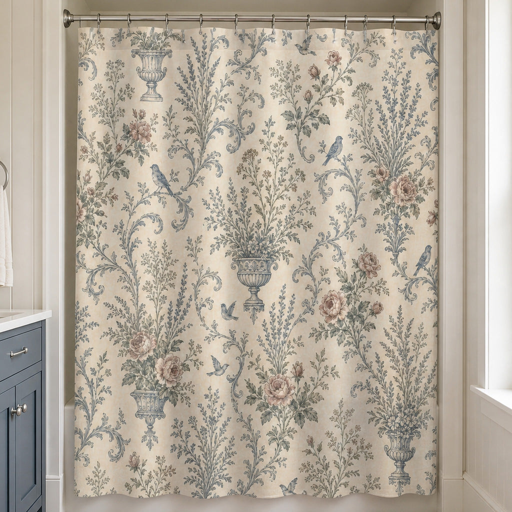 French country floral shower curtain in a warm white bathroom with a slate blue vanity