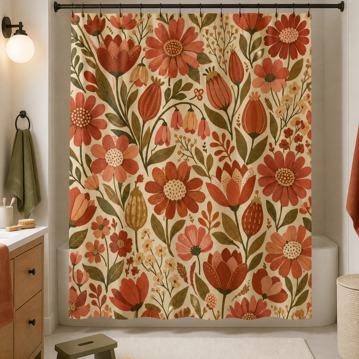 Boho wildflower shower curtain in a lived-in terracotta and olive family bathroom