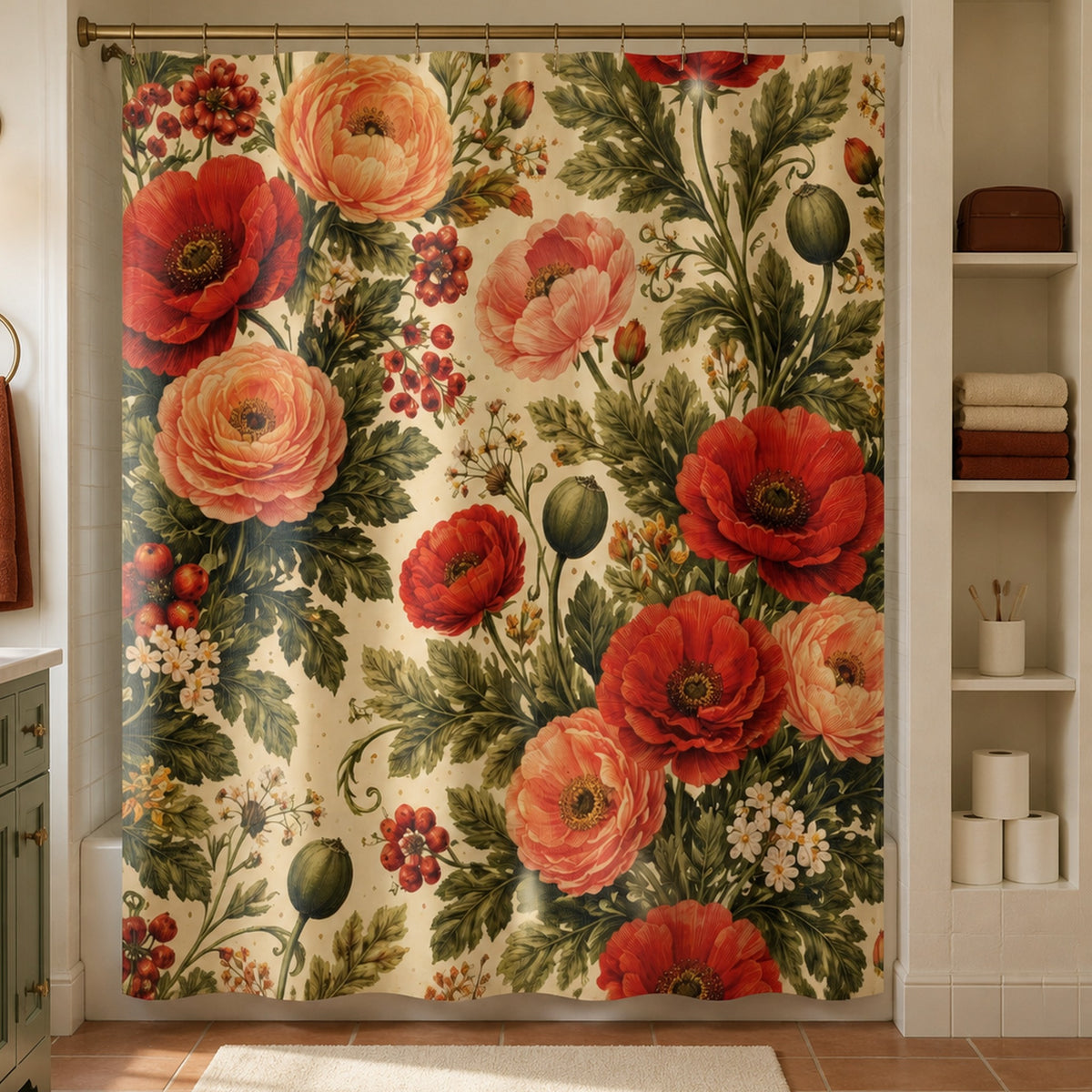 Red poppy floral shower curtain in an attainable sage and terracotta family bathroom