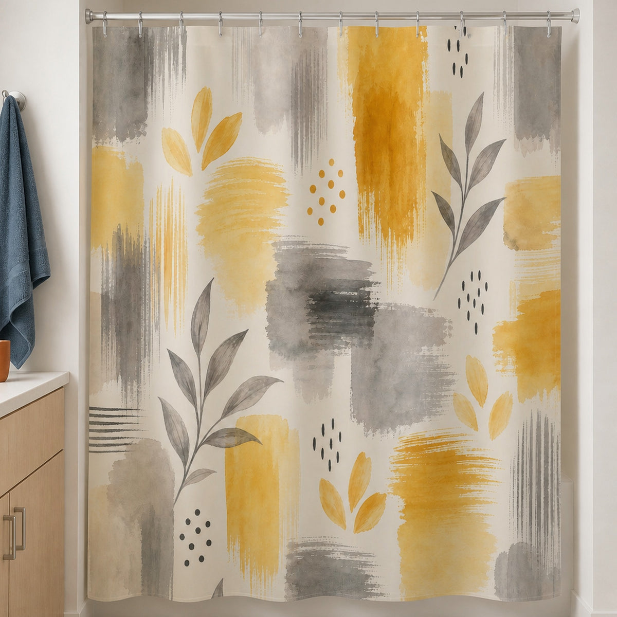 Gray yellow botanical shower curtain in a warm white bathroom with birch vanity and slate blue towel