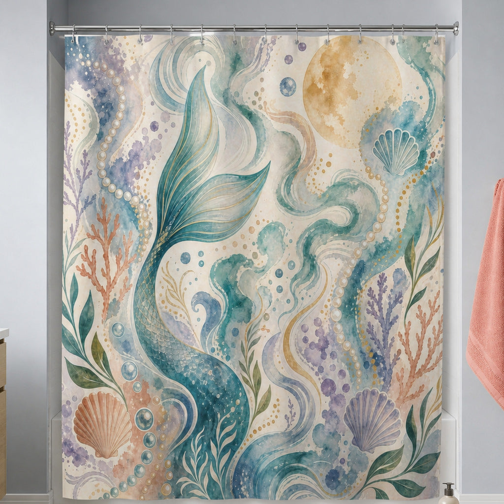 Aqua mermaid tail shower curtain in a dove-blue bathroom with pale oak vanity
