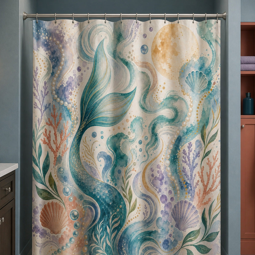 Aqua mermaid tail shower curtain in a chalk-blue bathroom with coral cabinet