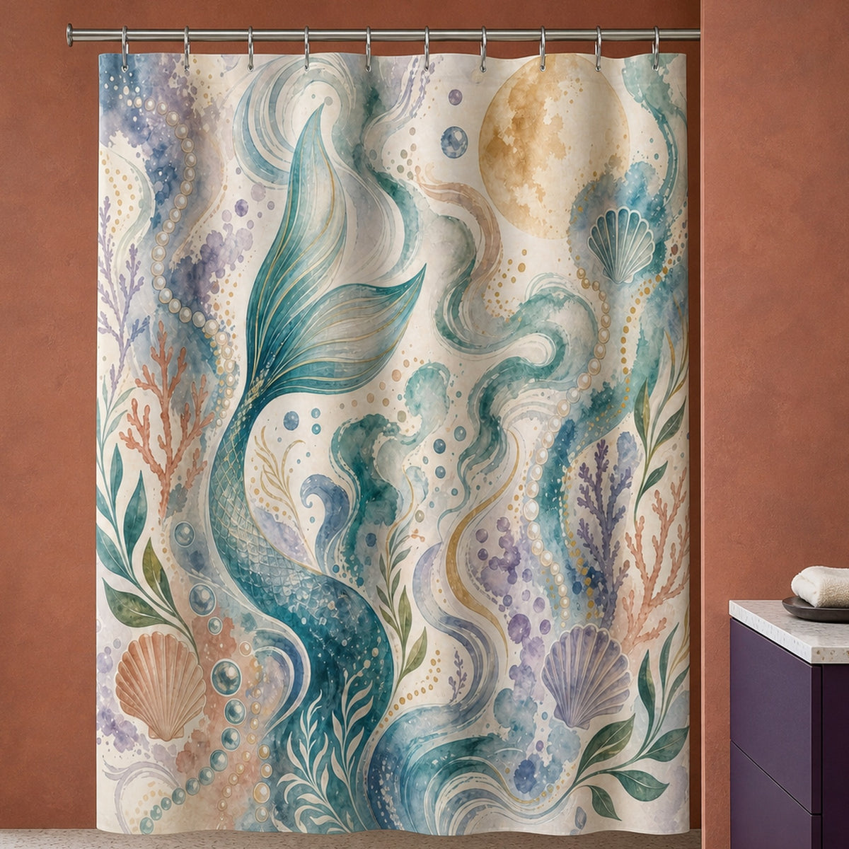 Aqua mermaid tail shower curtain in an oxidized-red designer bathroom with ice-blue glass