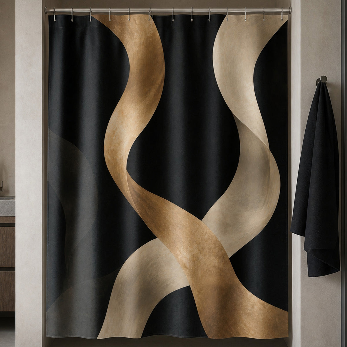 Gold cream black abstract geometric shower curtain in a putty architect-inspired bathroom