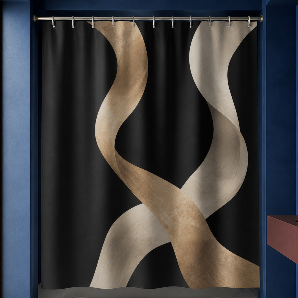 Gold cream black abstract geometric shower curtain in a cobalt designer bathroom