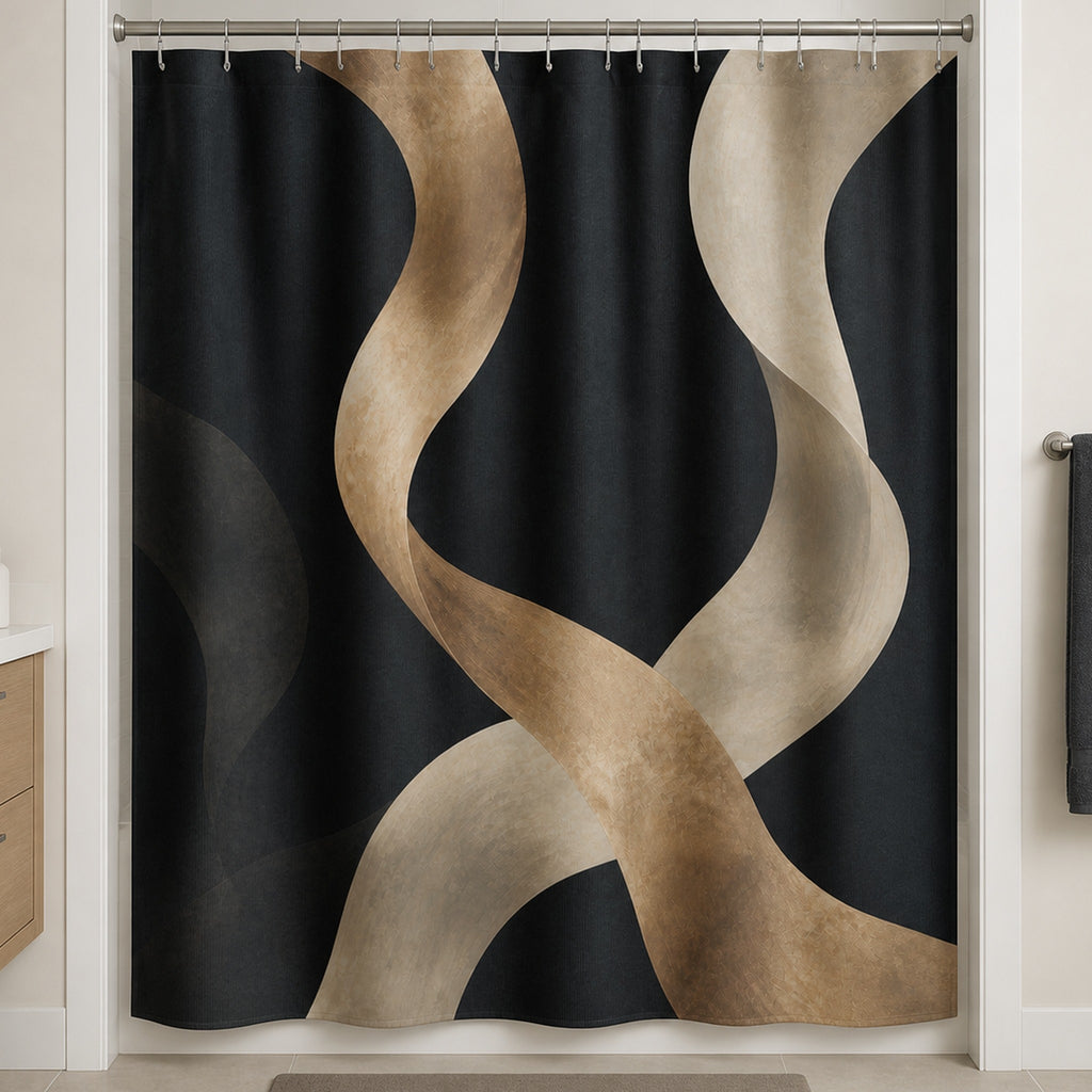 Gold cream black abstract geometric shower curtain in a warm-white bathroom