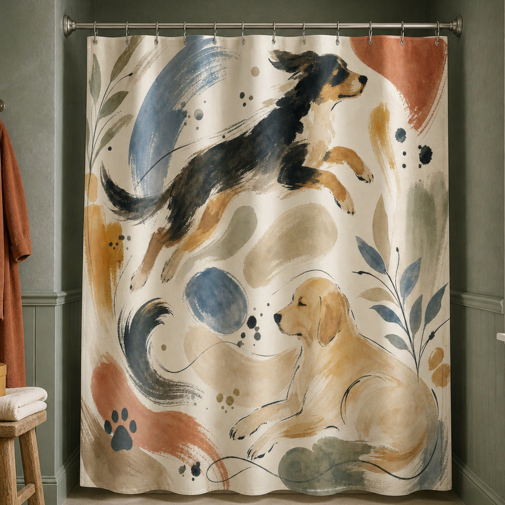 Painterly dog shower curtain in a muted teal cottage bathroom with vintage oak stool and rust robe