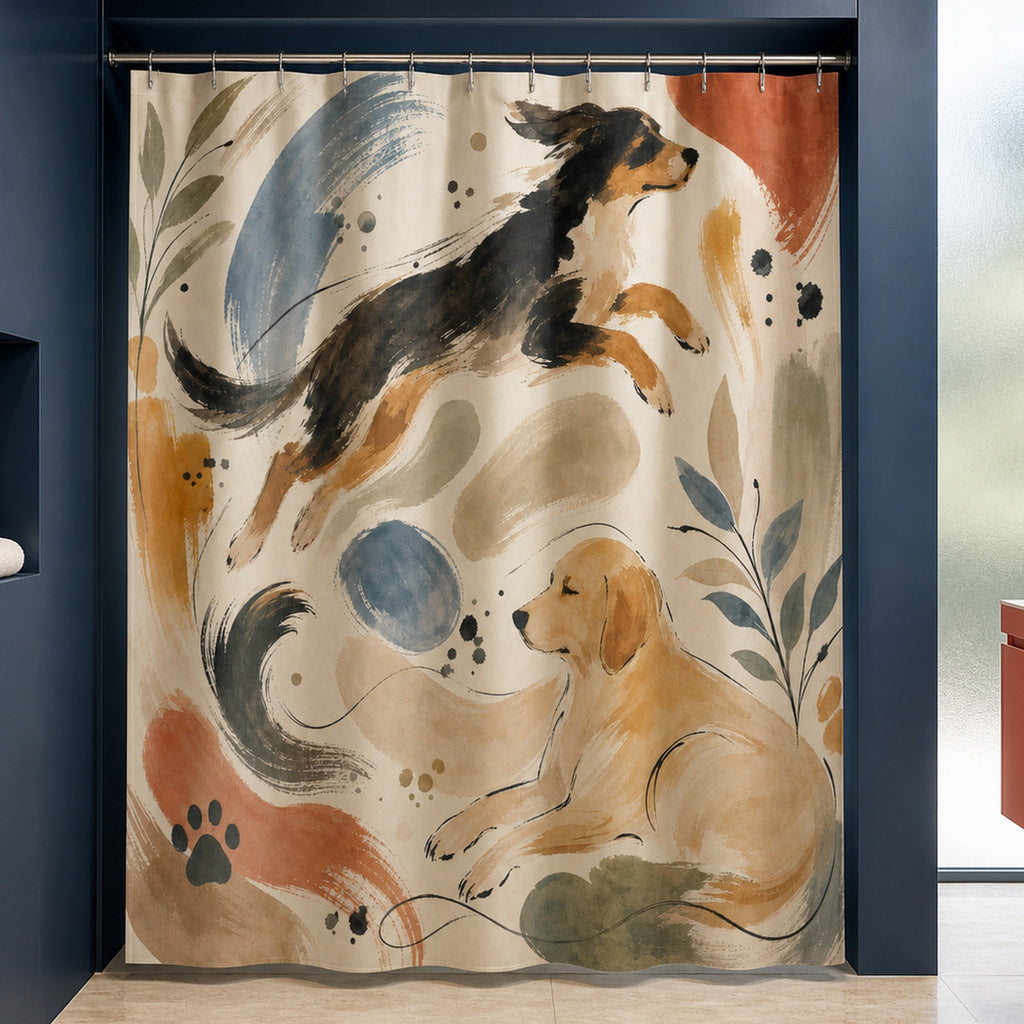 Painterly dog shower curtain in an ink blue designer bathroom with coral vanity and glass light well