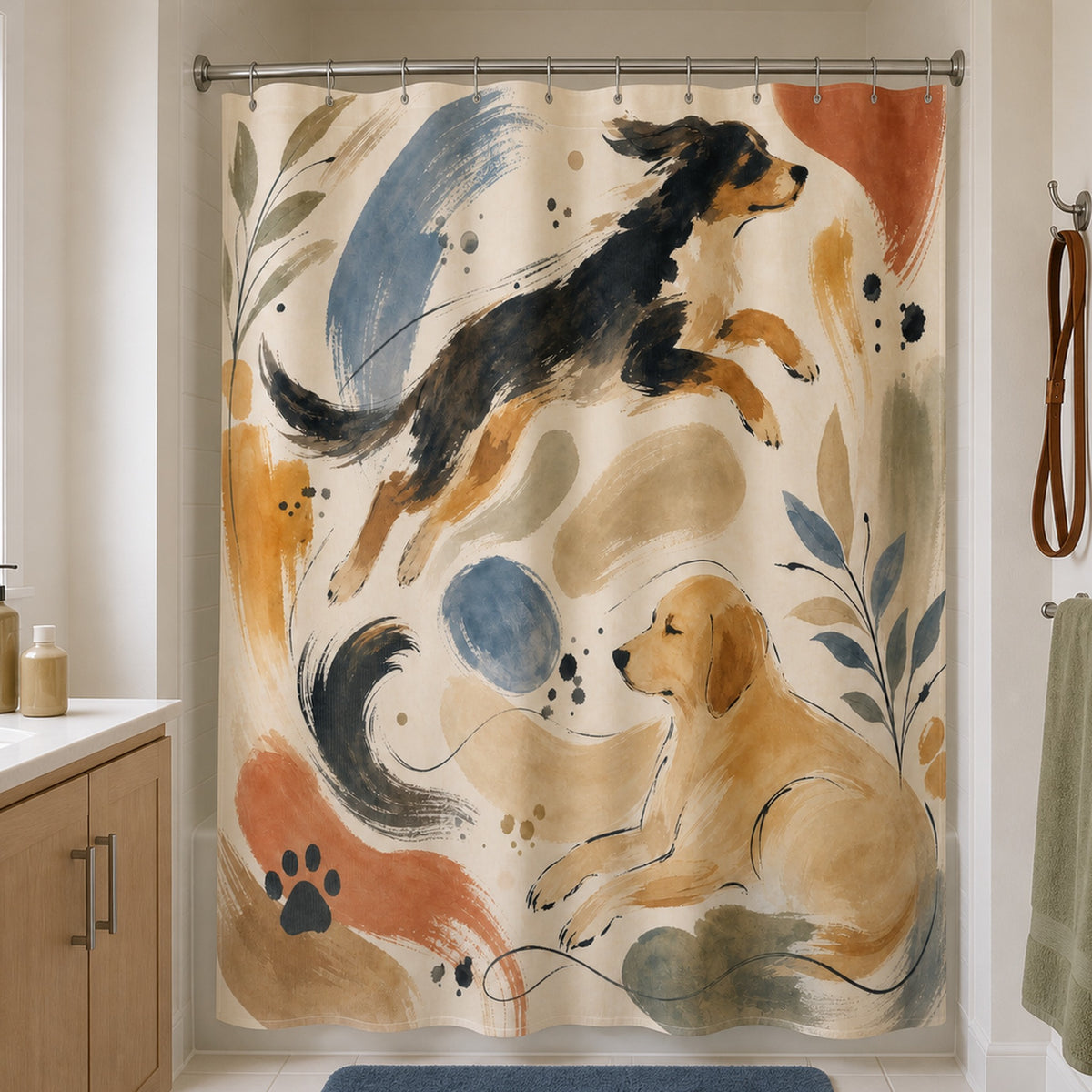 Painterly dog shower curtain in a warm white bathroom with pale oak vanity and sage towel