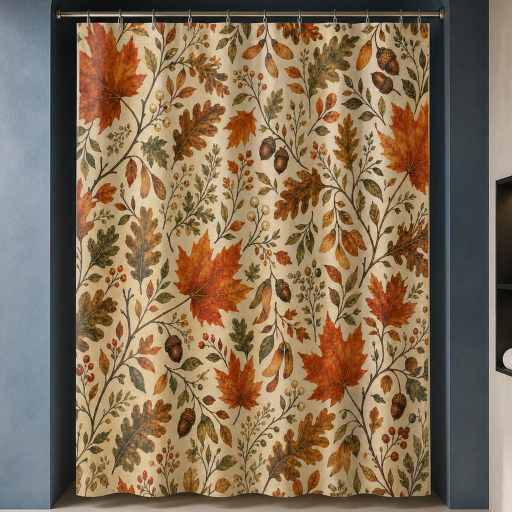 Fall leaves shower curtain in a luxury petrol-blue plaster bathroom with saffron glass and blackened bronze
