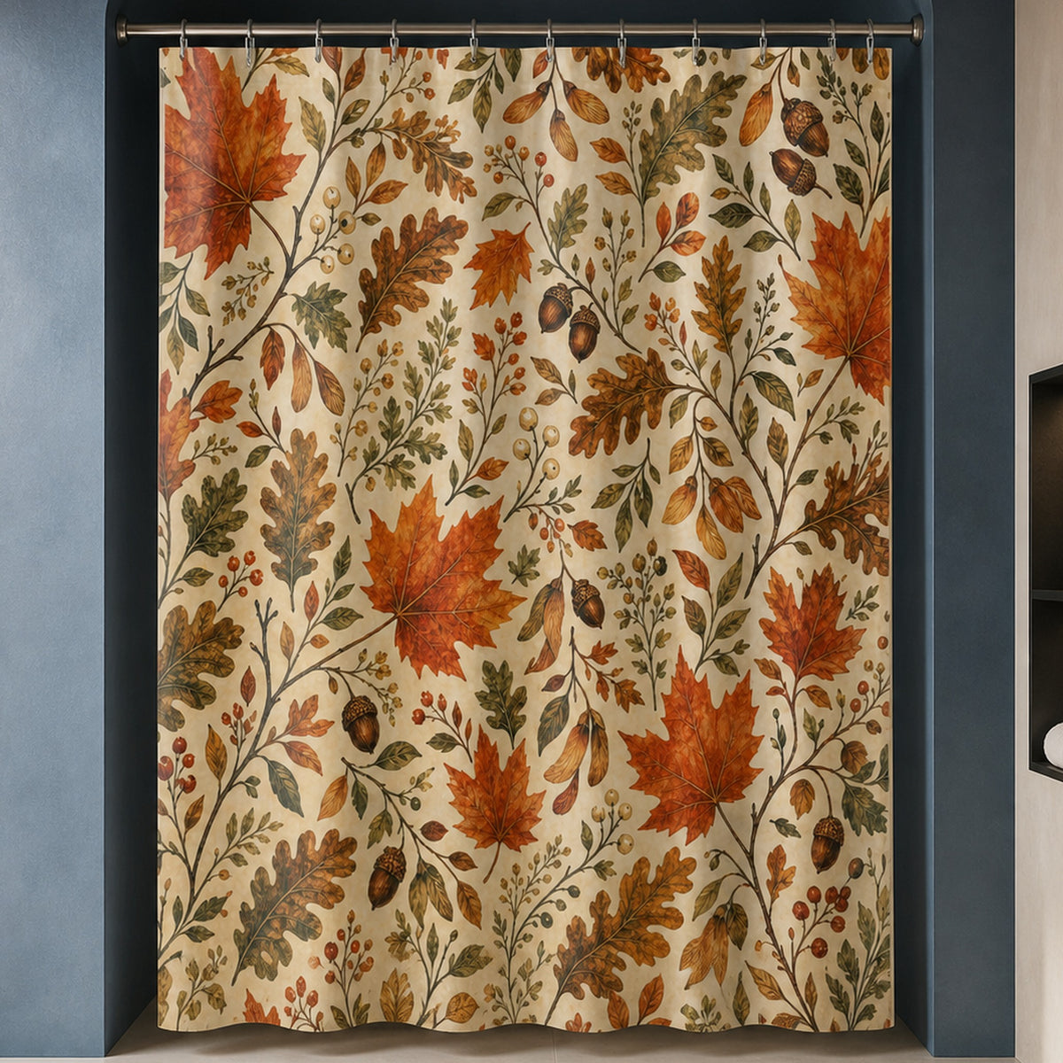 Fall leaves shower curtain in a luxury petrol-blue plaster bathroom with saffron glass and blackened bronze