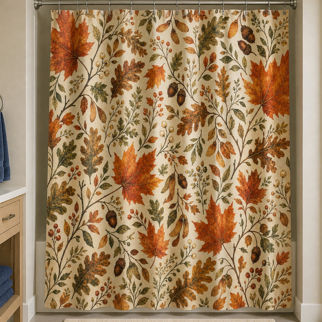 Fall leaves shower curtain in a warm-mushroom guest bathroom with white-oak vanity and denim-blue towel