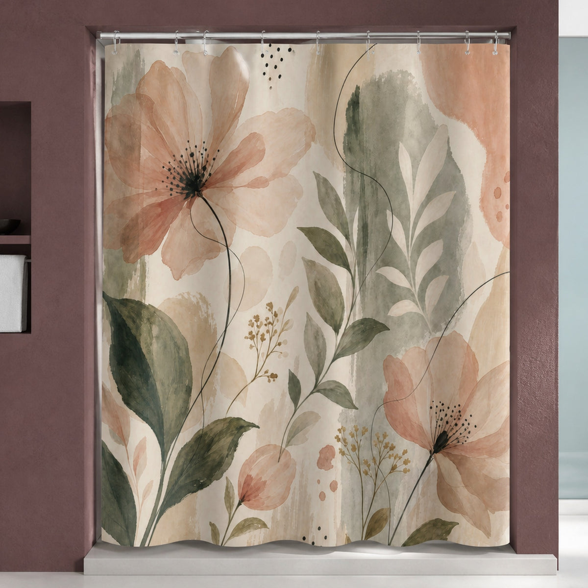 Peach watercolor floral shower curtain in a deep mulberry designer bathroom