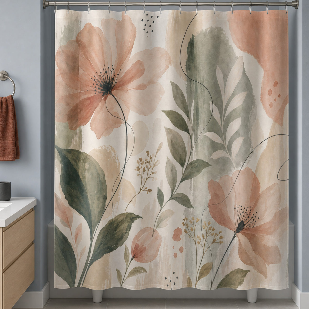 Peach watercolor floral shower curtain in a dusty blue bathroom with pale birch vanity
