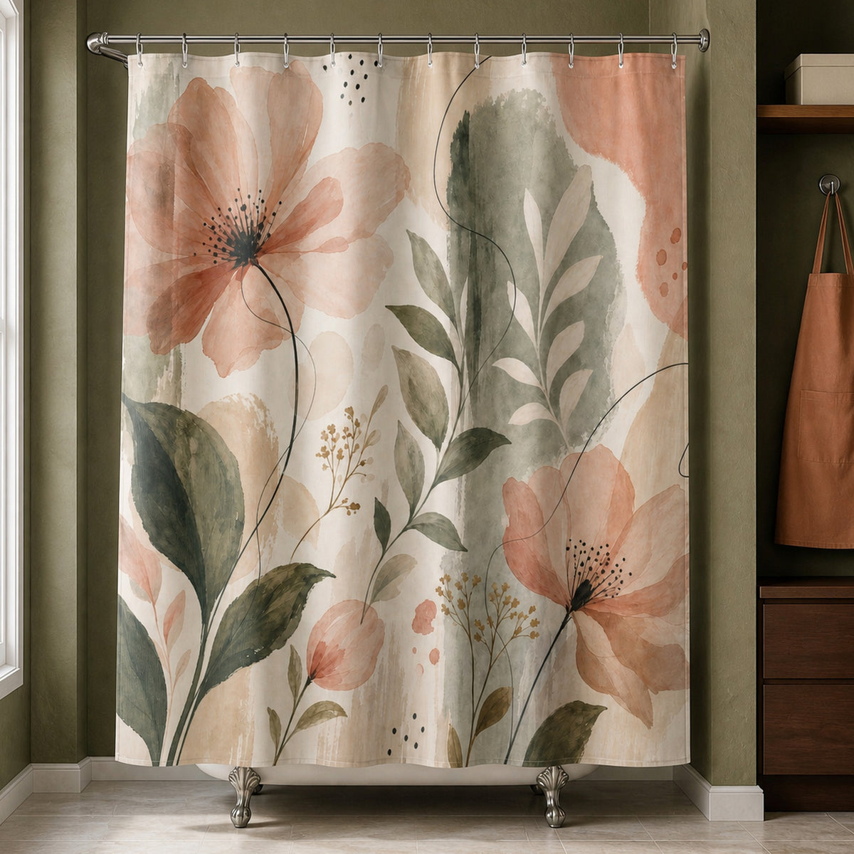 Peach watercolor floral shower curtain in an olive townhouse bathroom with apricot apron