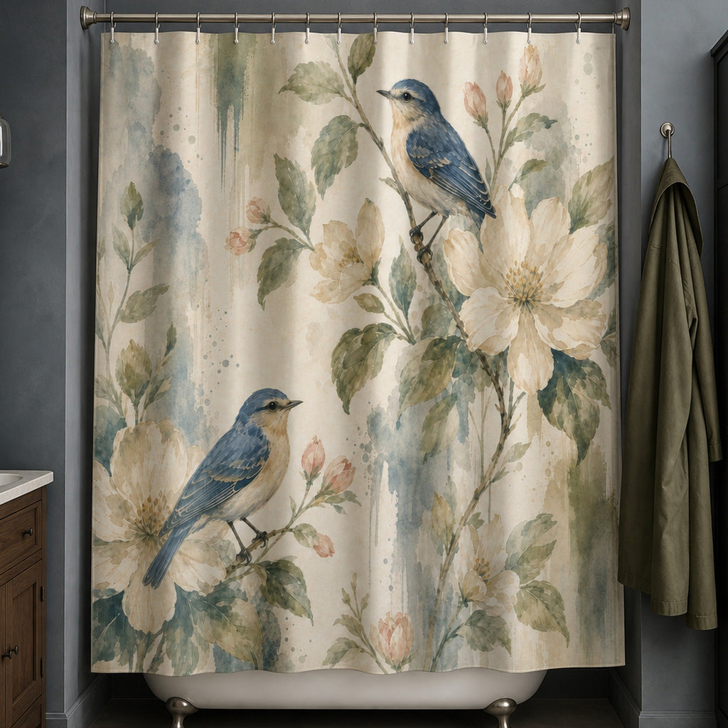 Blue bird botanical watercolor shower curtain in a blue-gray garden-writer bathroom