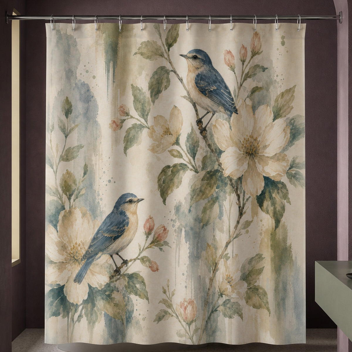 Blue bird botanical watercolor shower curtain in a sculptural plum designer bathroom