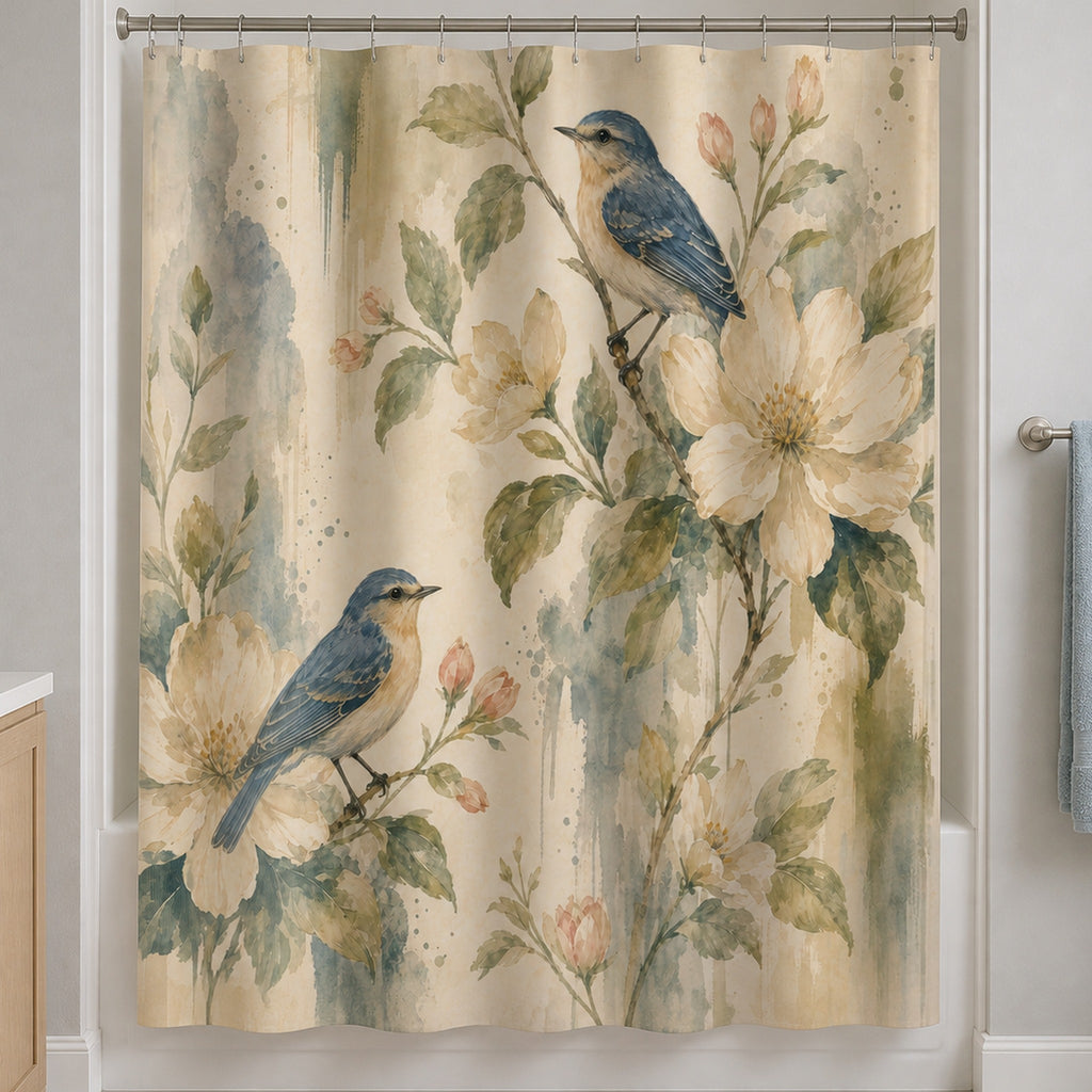 Blue bird botanical watercolor shower curtain in a warm-white guest bathroom