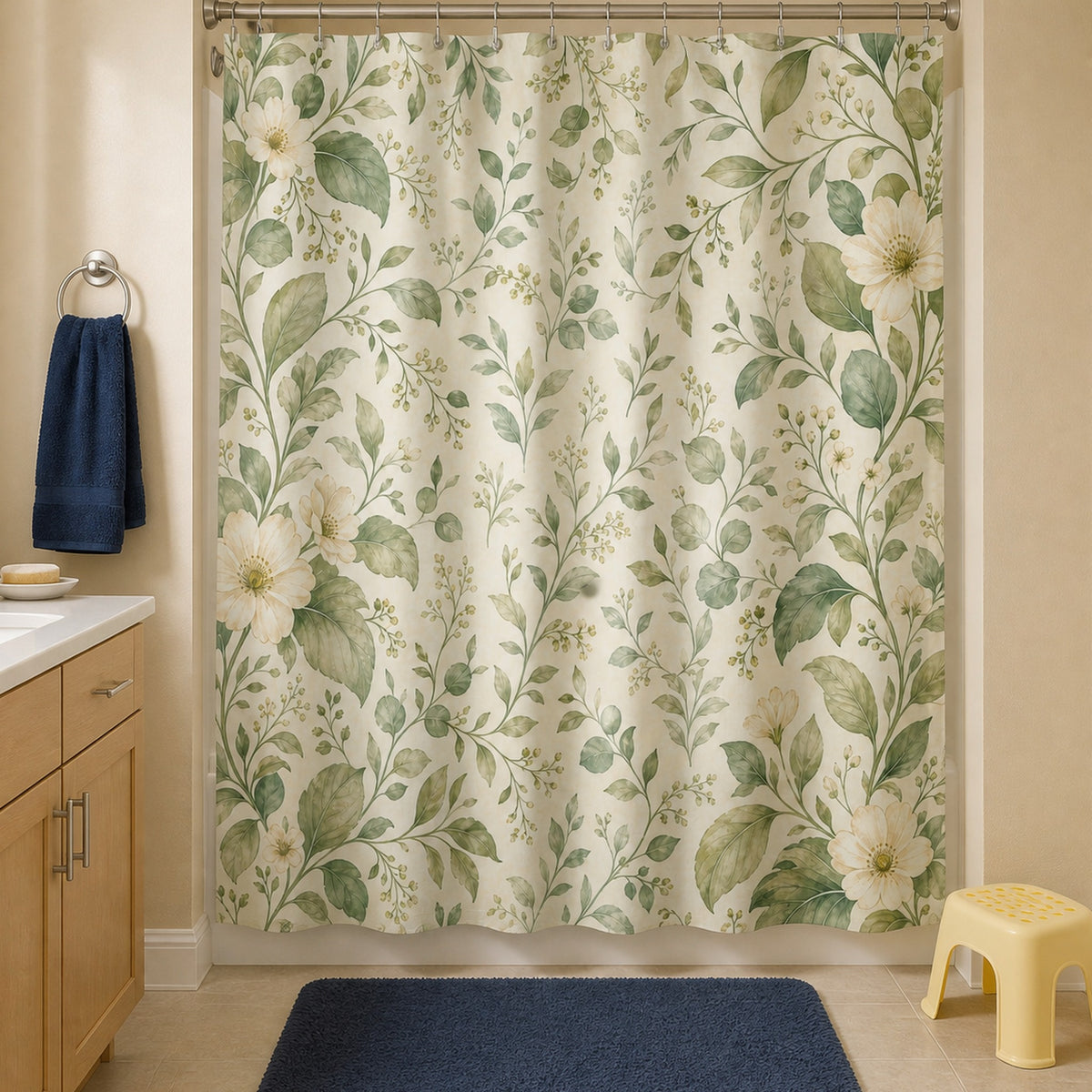 Sage green floral shower curtain in a warm family bathroom with navy accents