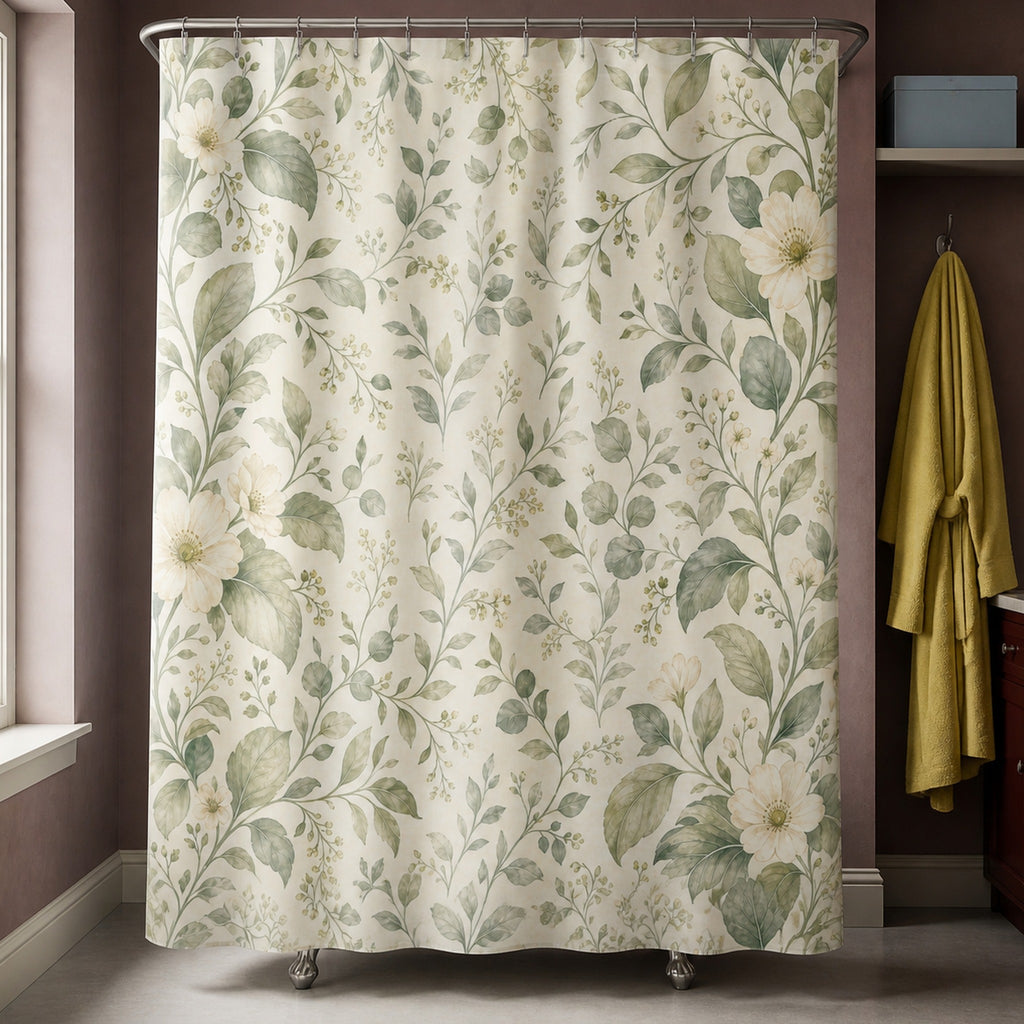 Sage green floral shower curtain in a mulberry townhouse bathroom with citron robe