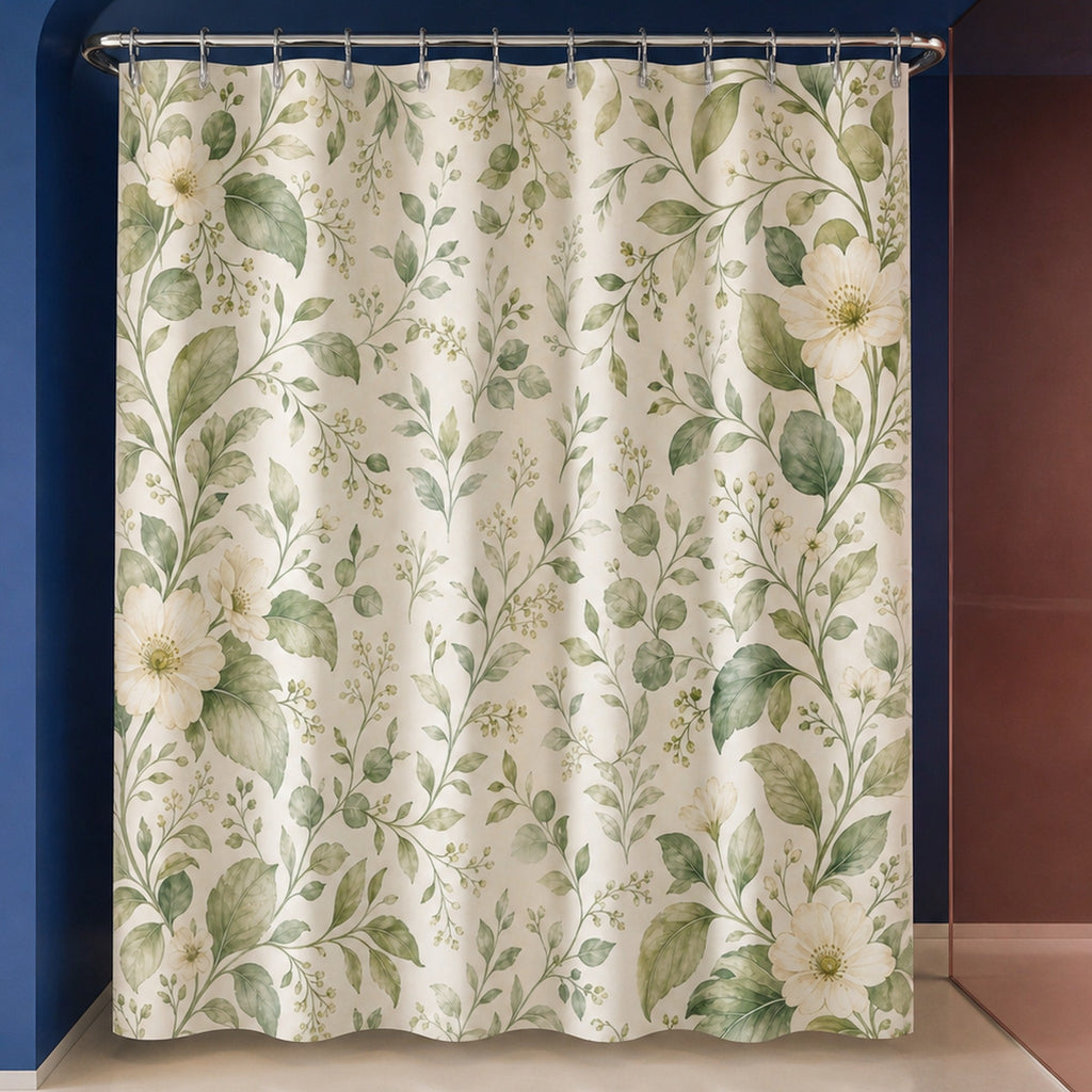 Sage green floral shower curtain in an ultramarine designer bathroom