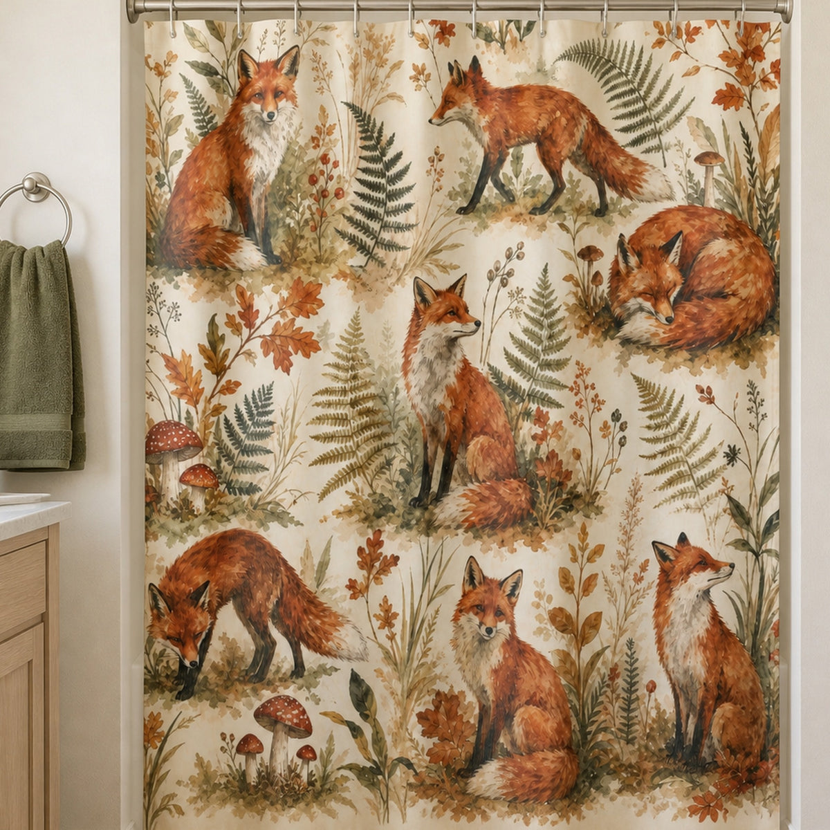 Painterly fox shower curtain in a warm cream bathroom with pale oak vanity, moss towel, and cobalt cup