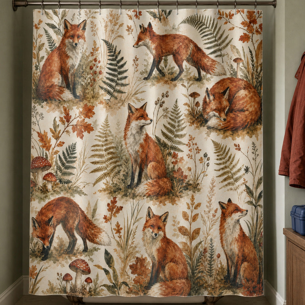 Painterly fox shower curtain in a dusty sage washroom with rust field jacket, cobalt case, and walnut cabinet