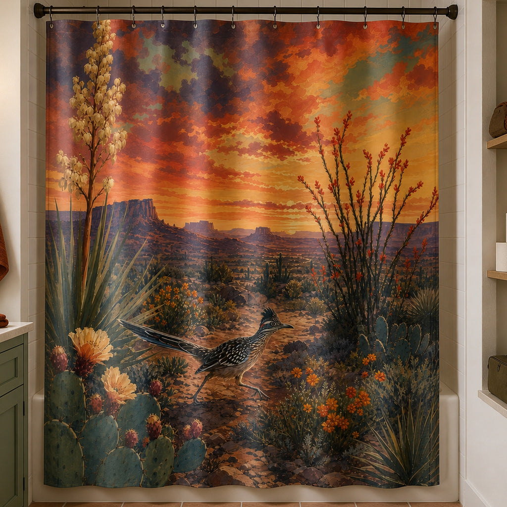 Southwestern roadrunner desert shower curtain in a sage and clay-tile apartment bathroom