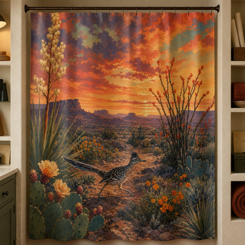 Southwestern roadrunner desert shower curtain in a vintage field ornithologist's adobe bathroom