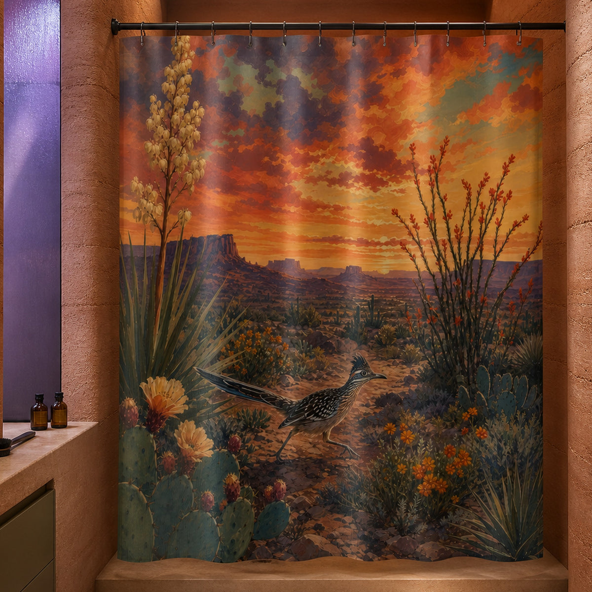 Southwestern roadrunner desert shower curtain in a rammed-earth designer bathroom with violet glass