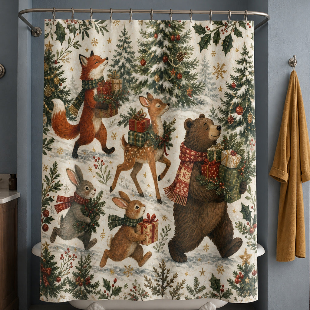 Woodland Christmas animal parade shower curtain in a dusty-blue creative family bathroom