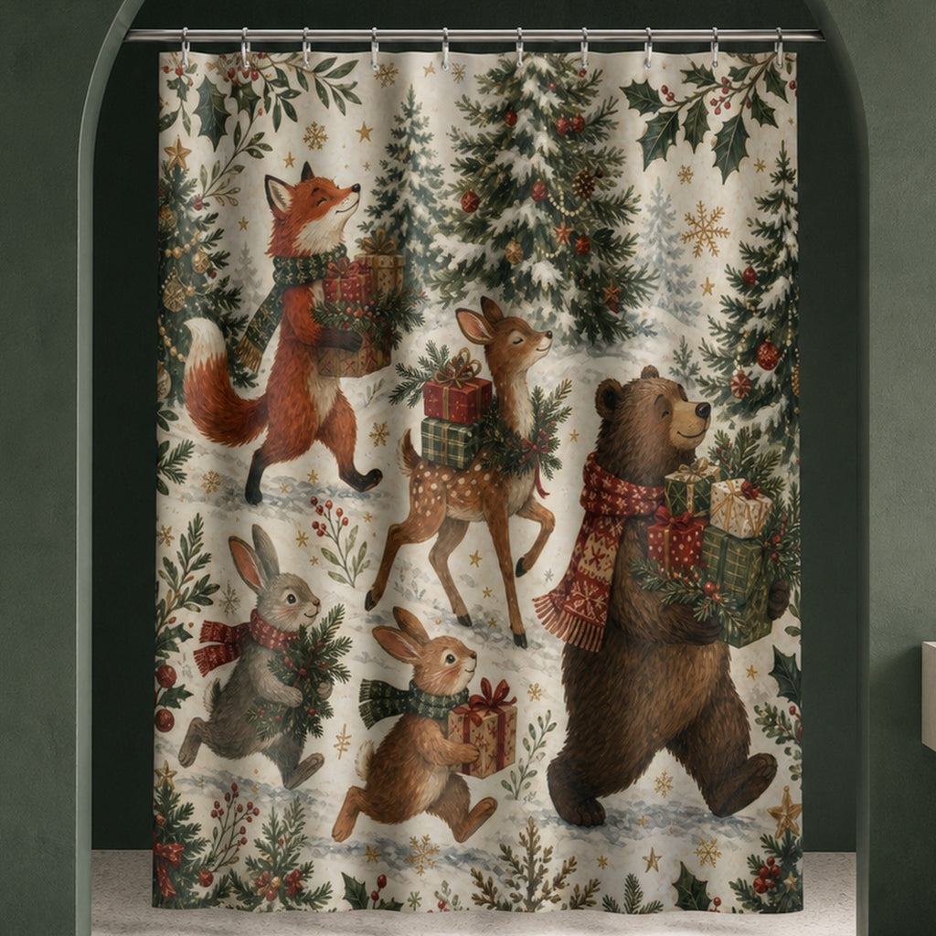 Woodland Christmas animal parade shower curtain in a sculptural evergreen designer bathroom