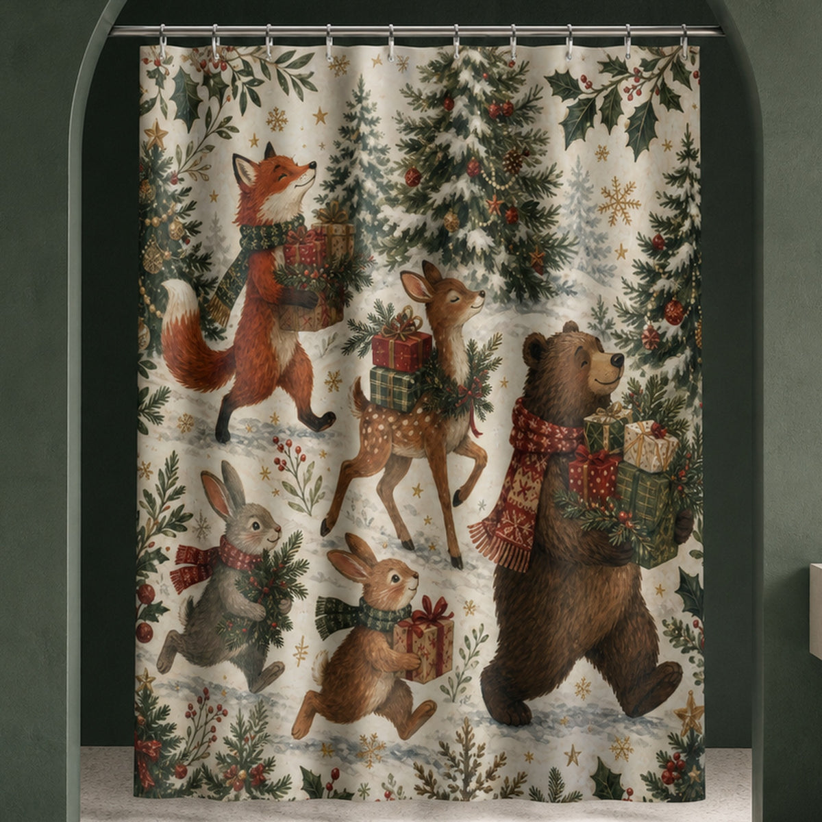 Woodland Christmas animal parade shower curtain in a sculptural evergreen designer bathroom