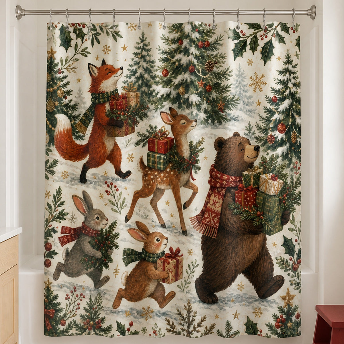 Woodland Christmas animal parade shower curtain in a warm-white family bathroom