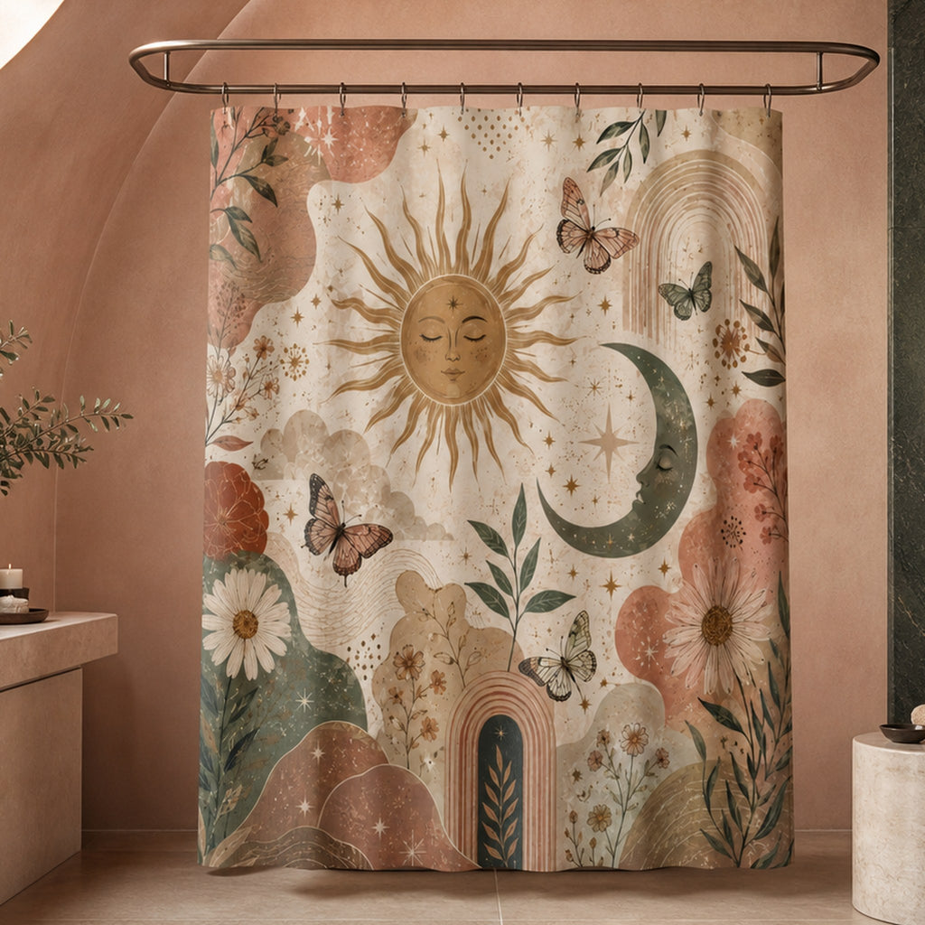 Boho celestial sun and moon shower curtain in a luxury blush plaster bathroom with amber oculus and dark sage stone