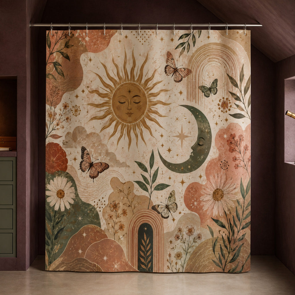 Boho celestial sun and moon shower curtain in an aubergine attic observatory bathroom with sage drawers and brass telescope