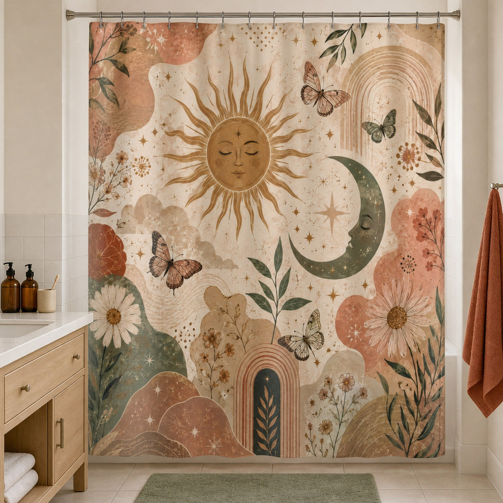 Boho celestial sun and moon shower curtain in a warm white apartment bathroom with pale oak vanity and terracotta towel
